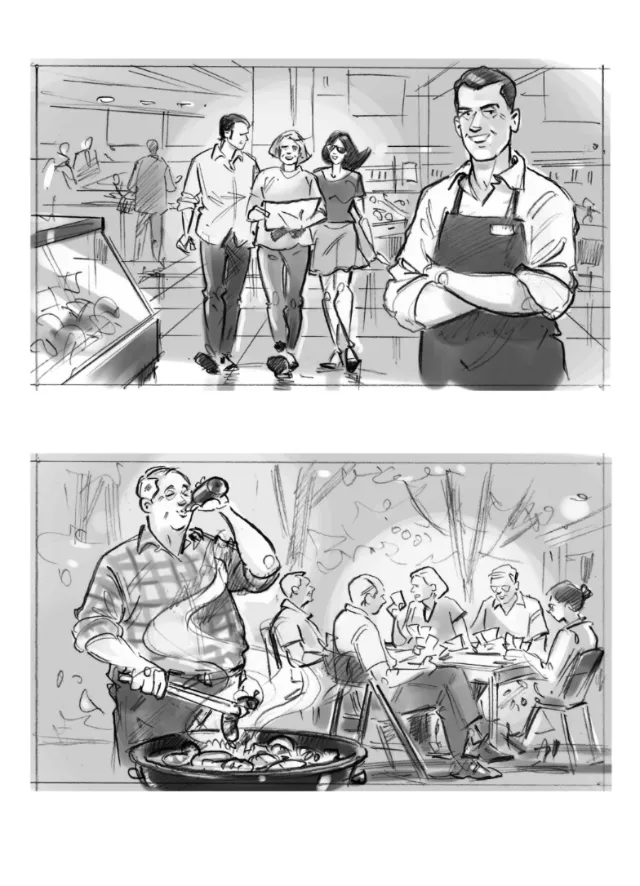 Black and white sketches of people walking and grilling by Henryk Zimak