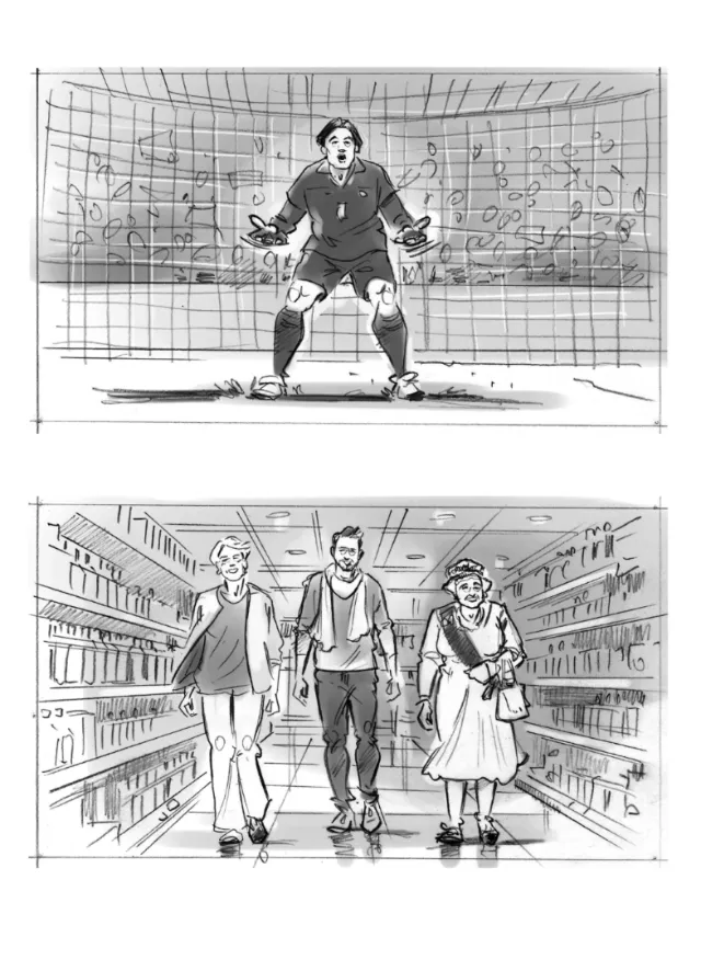 Black and white drawings by Henryk Zimak of a soccer goalie and three people walking in a store aisl