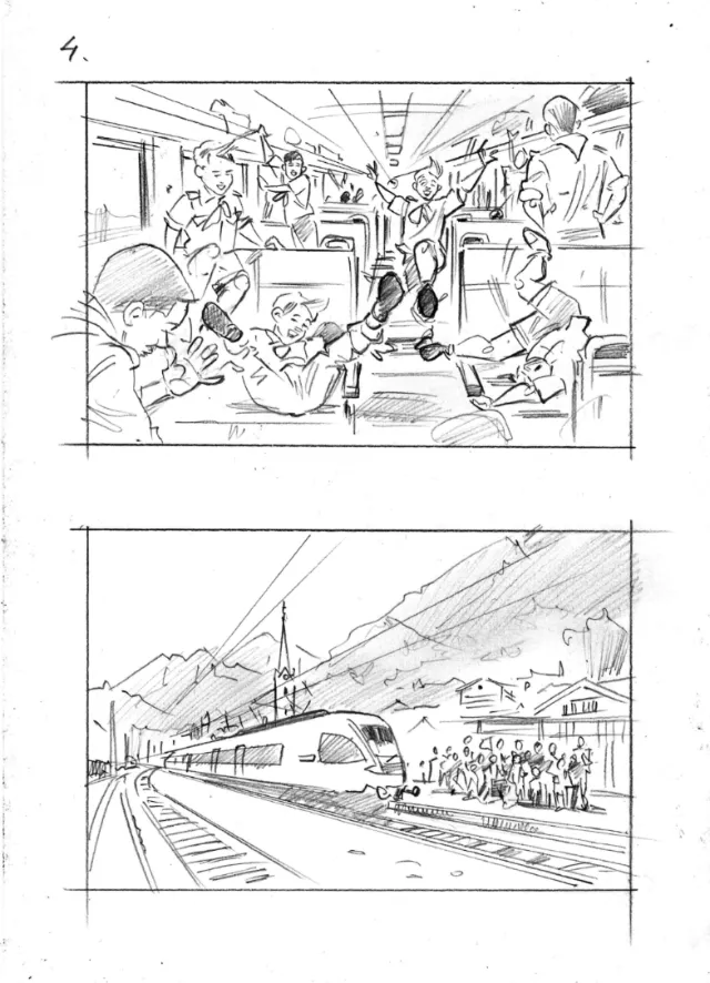 Sketches by Henryk Zimak showing crowded train interior and train arriving at mountain station