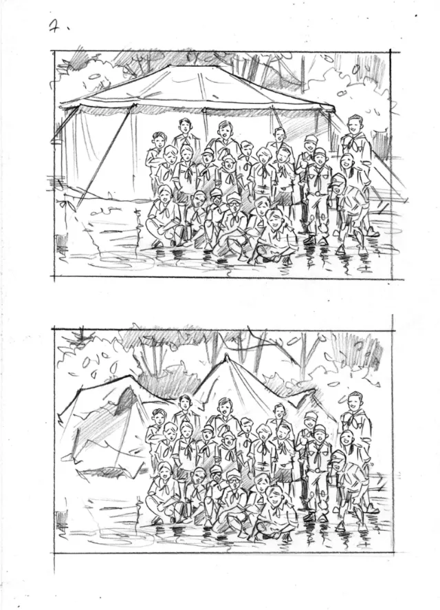 Black and white group sketches with tents in the background by Henryk Zimak