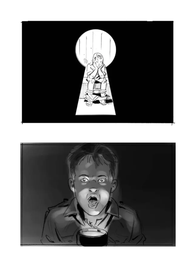 Illustrations showing a person behind a keyhole and another shocked face close-up