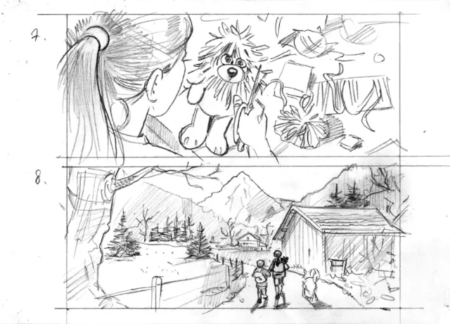 Girl holding a dog and mountain farm with children and animals in pencil sketch