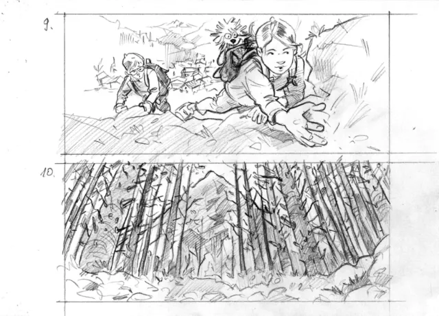 Sketch of two children climbing rocks above a dense forest.