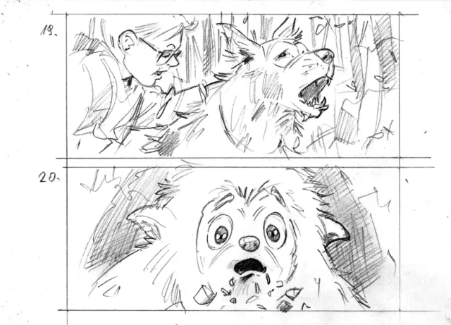 Boy aiming slingshot at barking dog in forest sketch