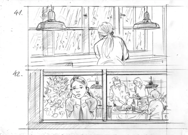 Sketch of person looking out the window and group of people working indoors