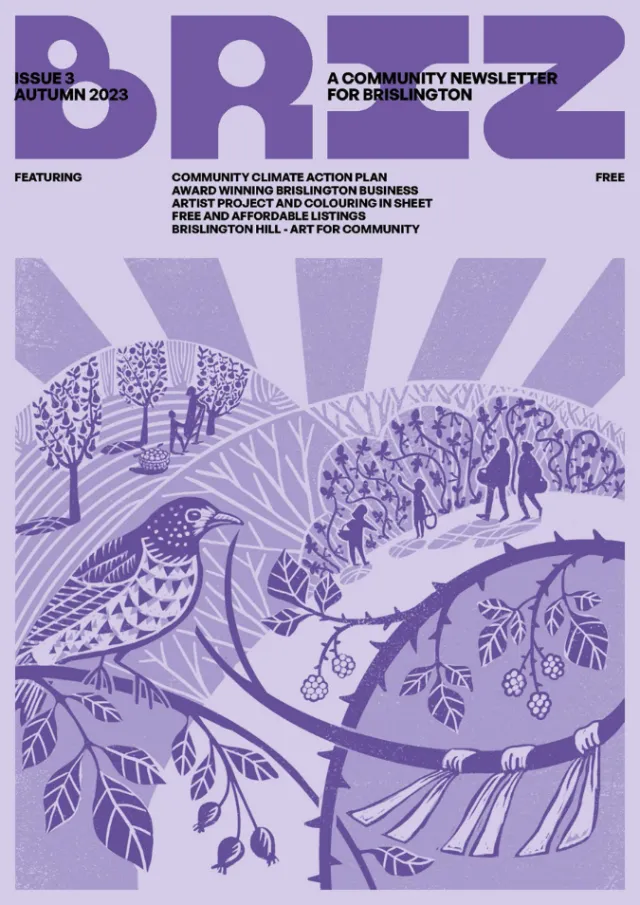 Digital linocut of song thrush with autumn brambles and foragers