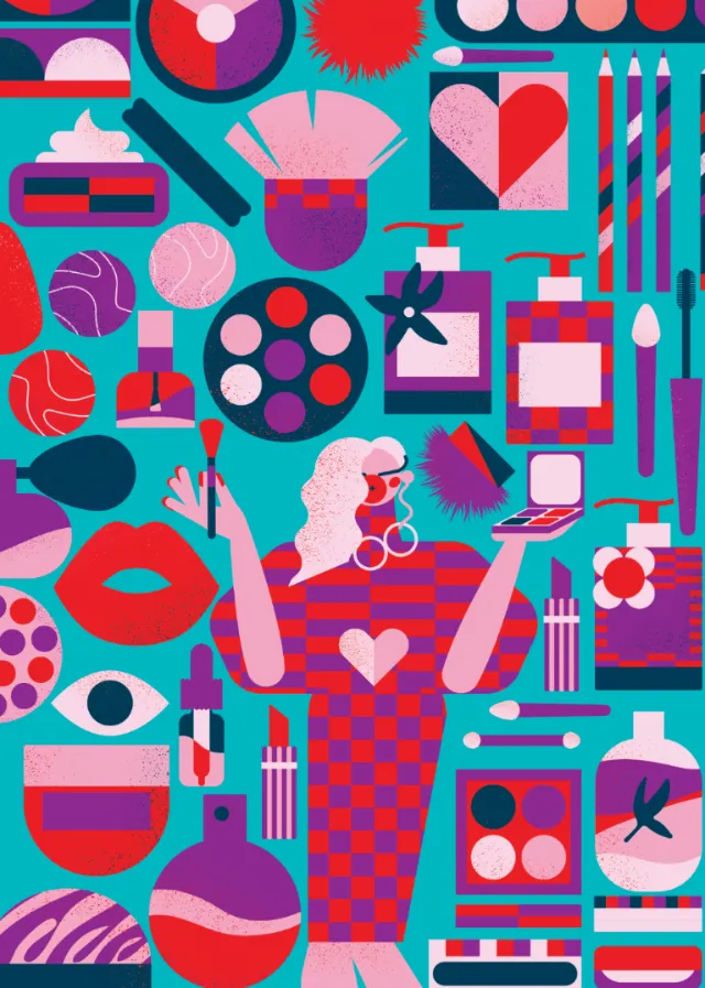 Abstract colorful cosmetics and beauty tools illustration.