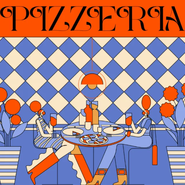 Two people sitting and eating pizza in a stylized pizzeria with checkered wall