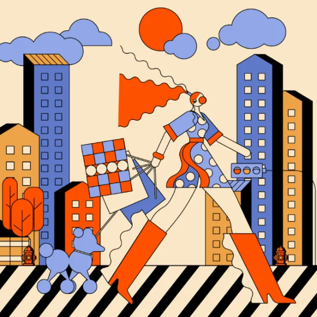 Woman walking dog and carrying shopping bags in cityscape