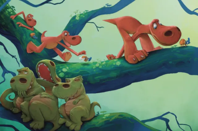 Animated dinosaurs playing and relaxing on large tree branches