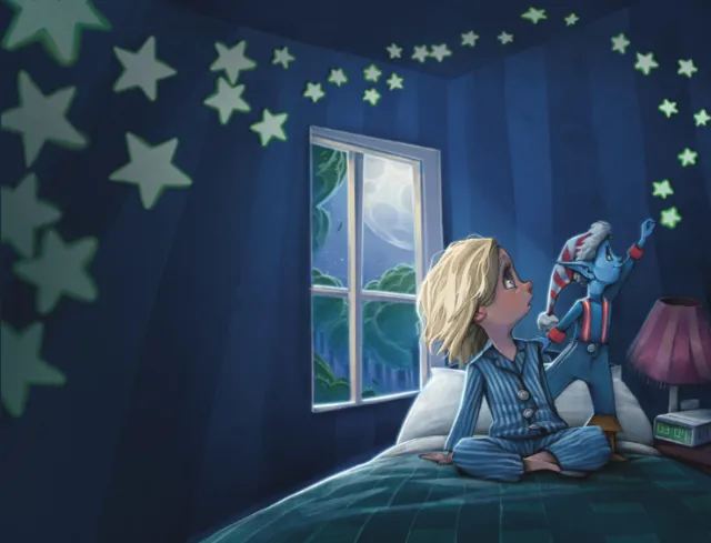 Child in pajamas playing with robot toy in bedroom with starry ceiling.