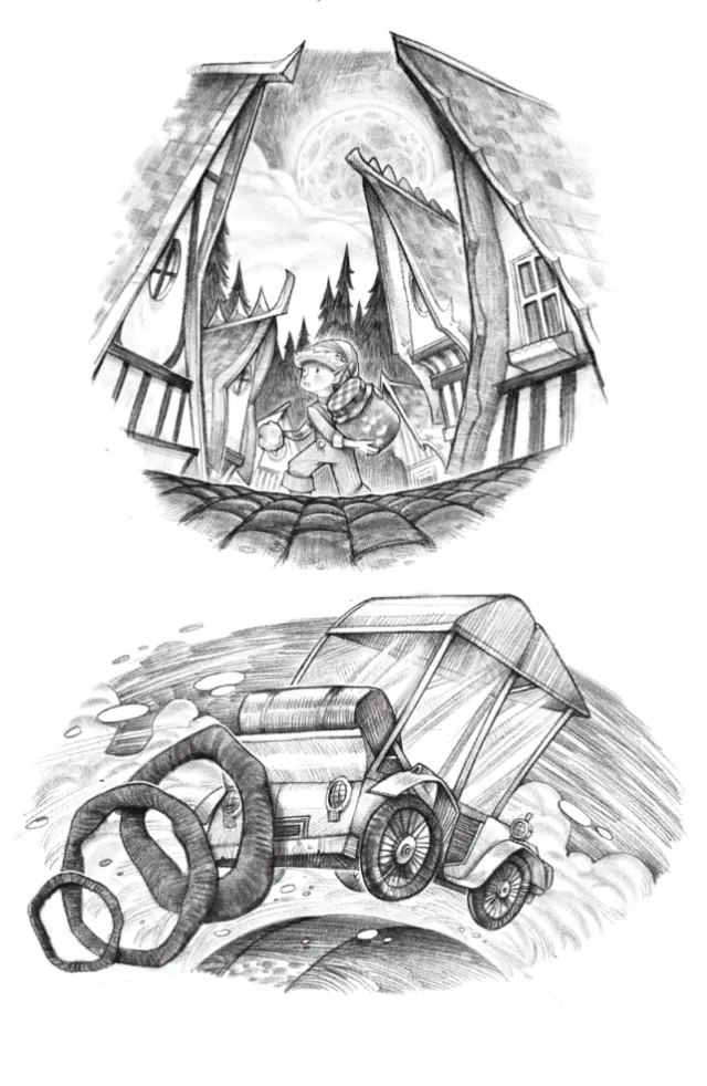 Sketch of man holding child in village and vintage car with giant pretzels