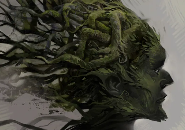 Profile of a face blending with twisted tree roots and branches