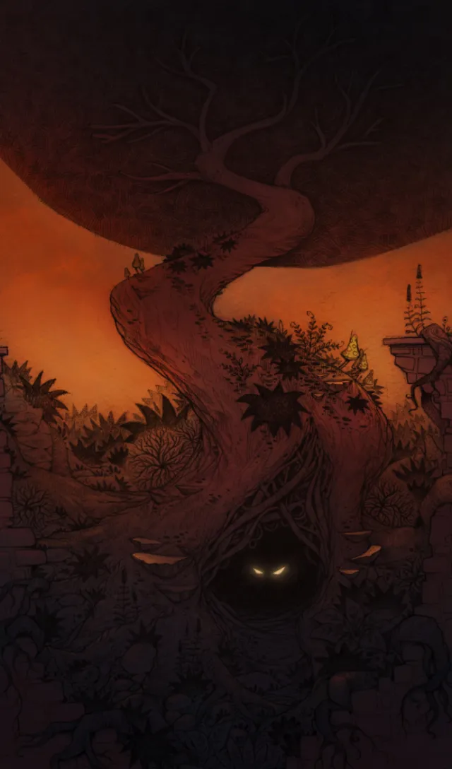 Twisted dark tree with glowing eyes and orange background