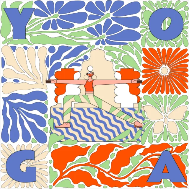 Abstract illustration of two figures holding a barbell surrounded by floral designs