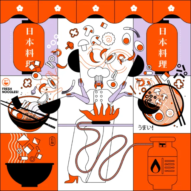 Chef cooking Japanese food with noodles, mushrooms, and cooking utensils