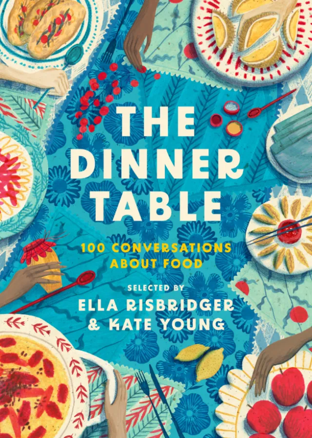 Illustrated dinner table with plates of food and hands reaching in