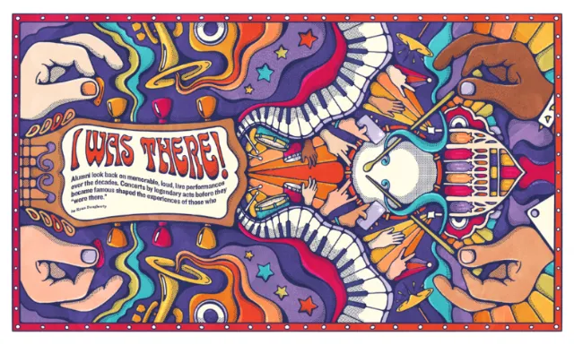 Abstract vibrant artwork with hands and musical instruments
