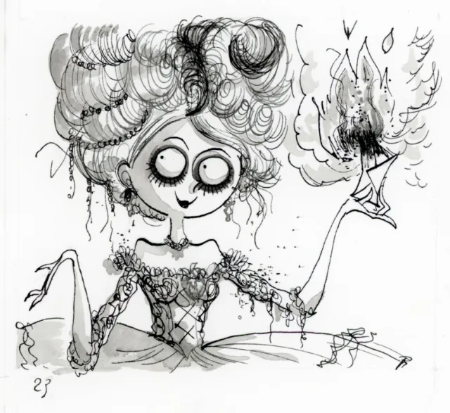 Whimsical black and white drawing of a wide-eyed girl holding fire