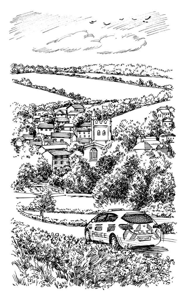 Ink sketch of police car near rural village and farmland under cloudy sky