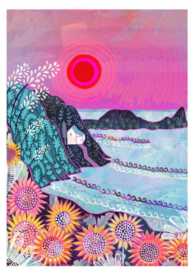 Vibrant sunflowers in foreground, blue hills, and red sun in pink sky