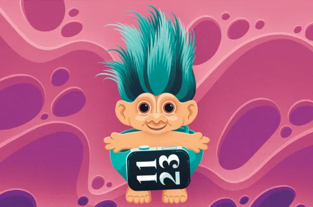 Cartoon troll with green hair holding a black 1 2 3 sign on purple background
