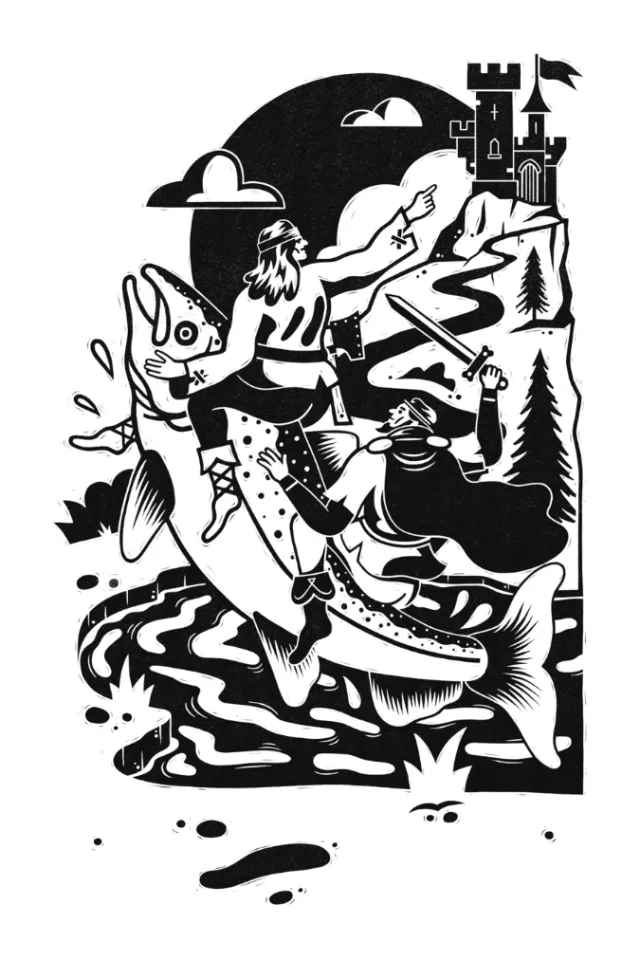 Black and white illustration of a medieval fisherman with a castle, by Jacob Stead