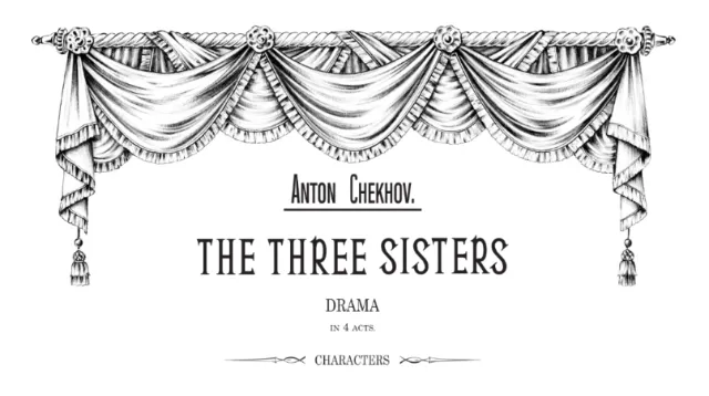 Title page of Anton Chekhov's play The Three Sisters with decorative curtains
