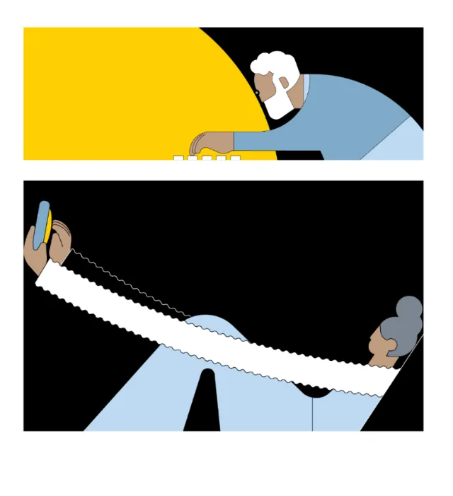 Two people using technology devices in abstract modern style
