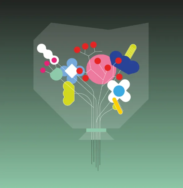 Abstract bouquet of geometric and colorful flower shapes