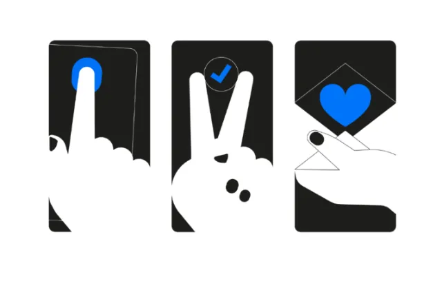 Hands tapping and selecting icons on a touchscreen with heart and check mark