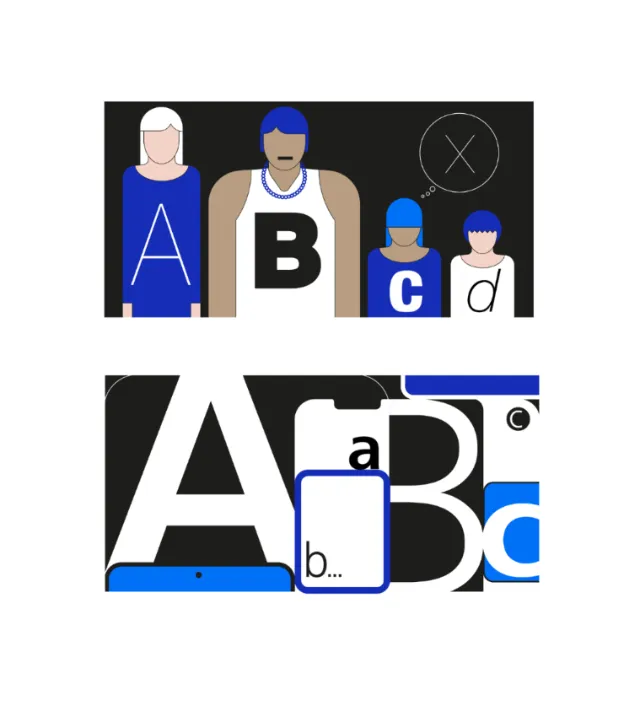 Four stylized figures labeled with letters A, B, C, and D on dark background.