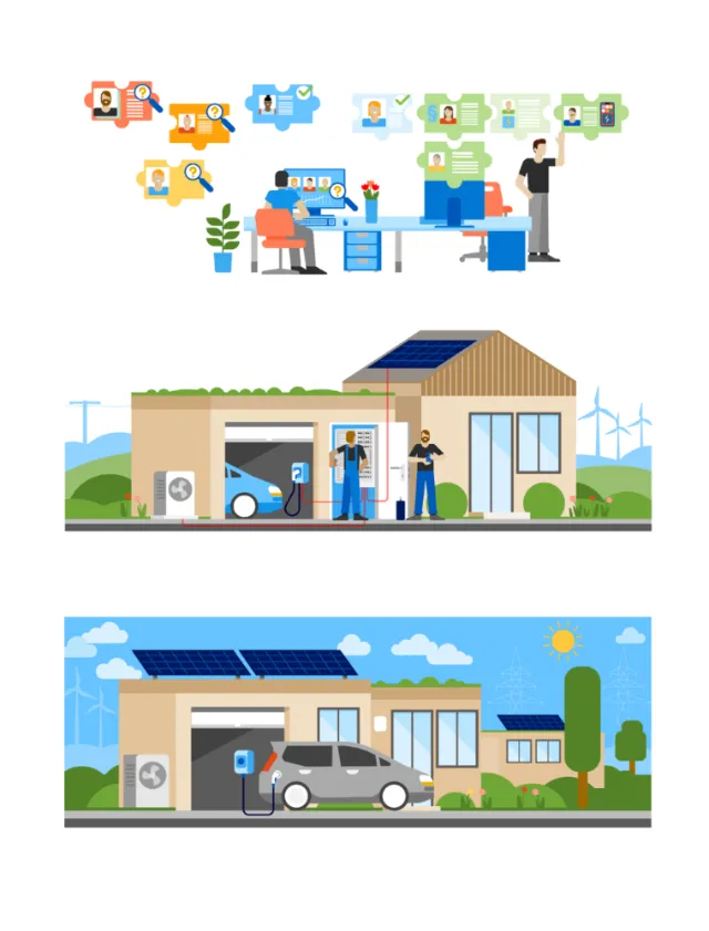 Remote work setup and solar-powered smart homes with electric car charging and wind turbines.