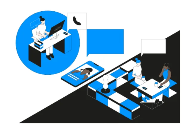 Illustration of people using computers and smartphones in an office setting