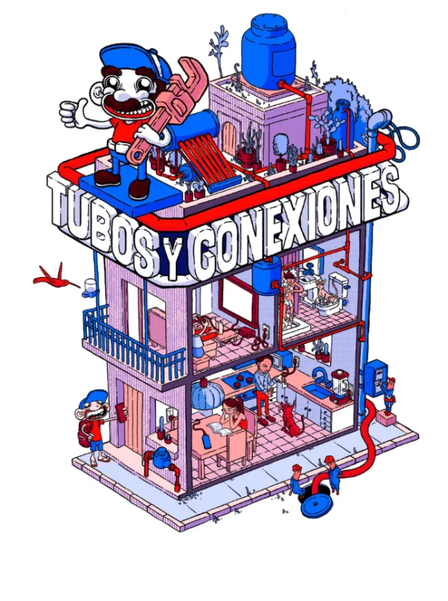 Colorful isometric illustration of Tubos y Conexiones hardware store