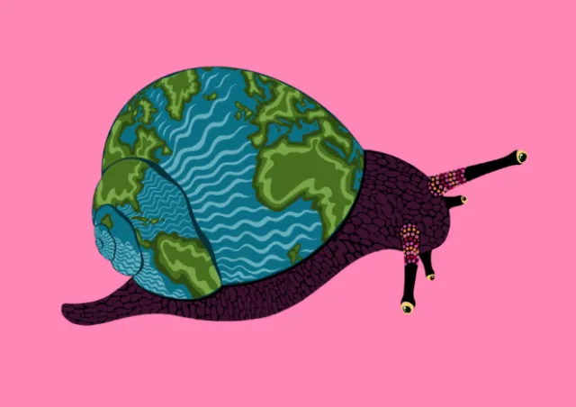 Snail with Earth globe shell on bright pink background