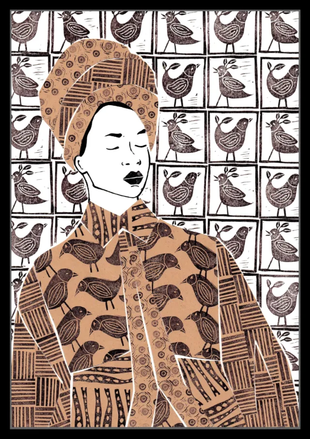 Woman in patterned clothing and headwrap with bird design background