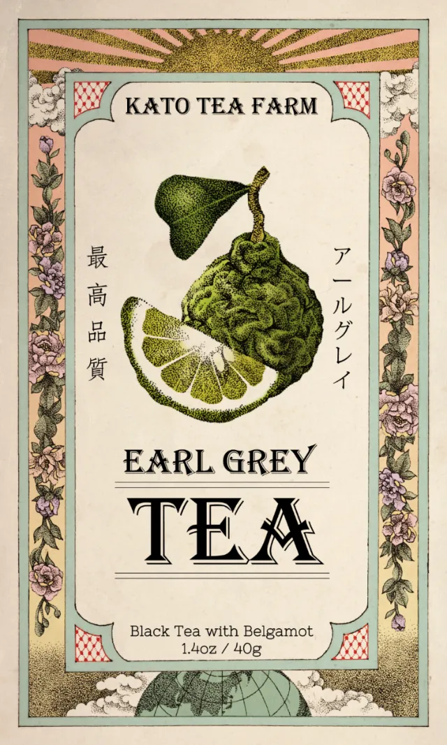 Vintage-style Earl Grey tea label with bergamot illustration by Reiko Kato.