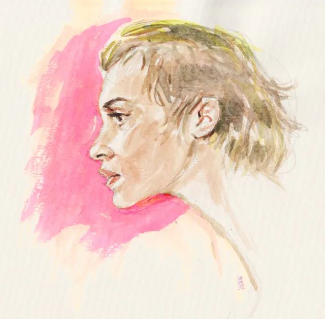 Watercolor painting of a woman with short hair looking sideways