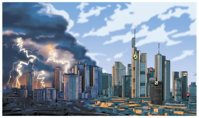 Lightning storm over modern city skyline with tall skyscrapers