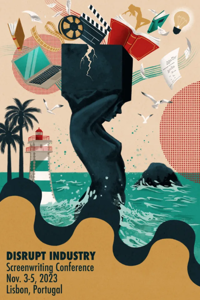 Fragmented human head and film icons over ocean scene by Camila Gray