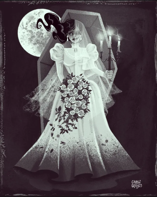 Undead bride in white dress holding bouquet and candles by a coffin and full moon by Camila Gray