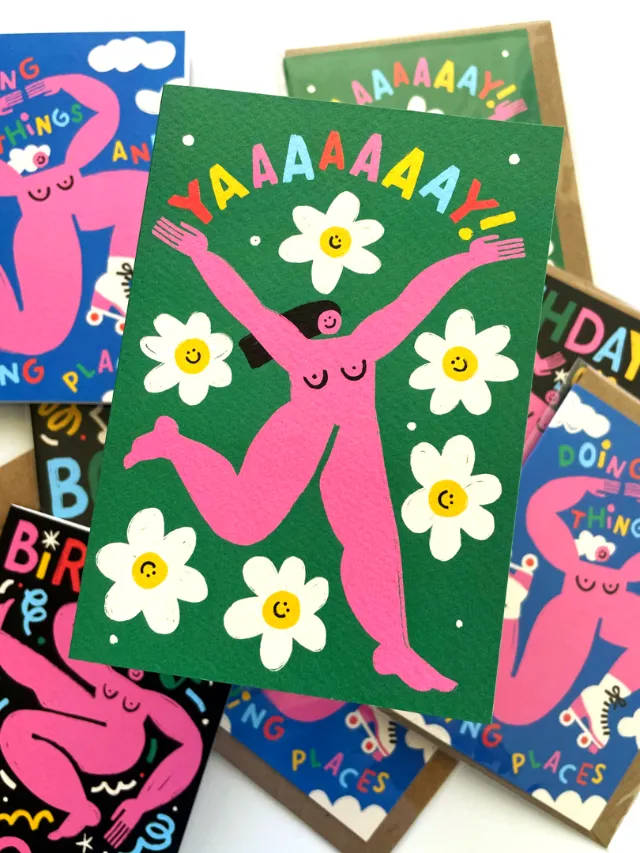 Bright pink figure jumping with flowers and Yaaaaaay text