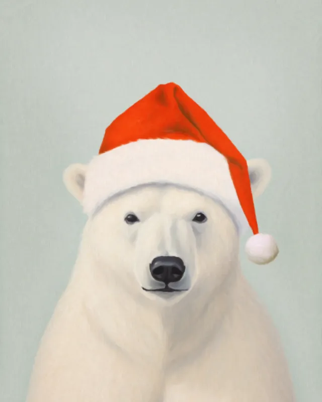 Polar bear with red Santa hat on a plain background