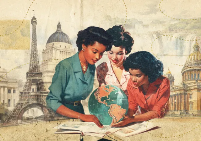 Three women examining a globe with Paris landmarks in the background