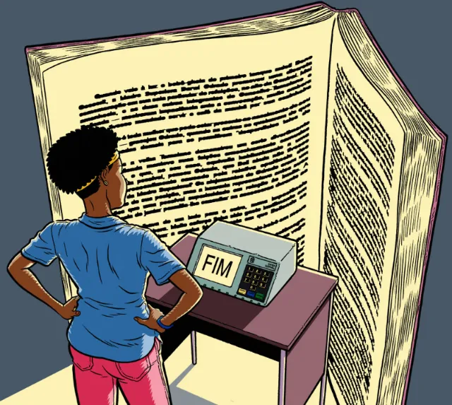 Person standing and reading an oversized open book with text