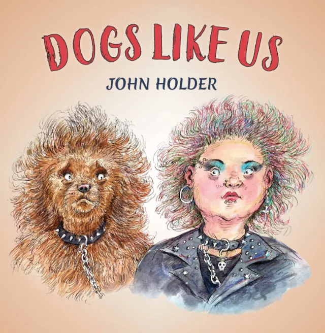 Shaggy dog and punk-style person with colorful hair and jacket