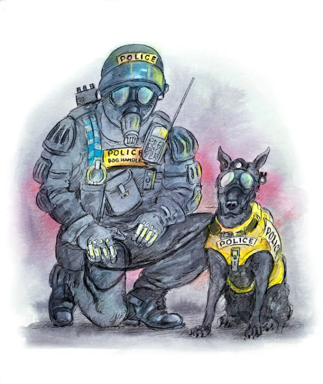 Police officer wearing gas mask kneeling next to police dog with gas mask