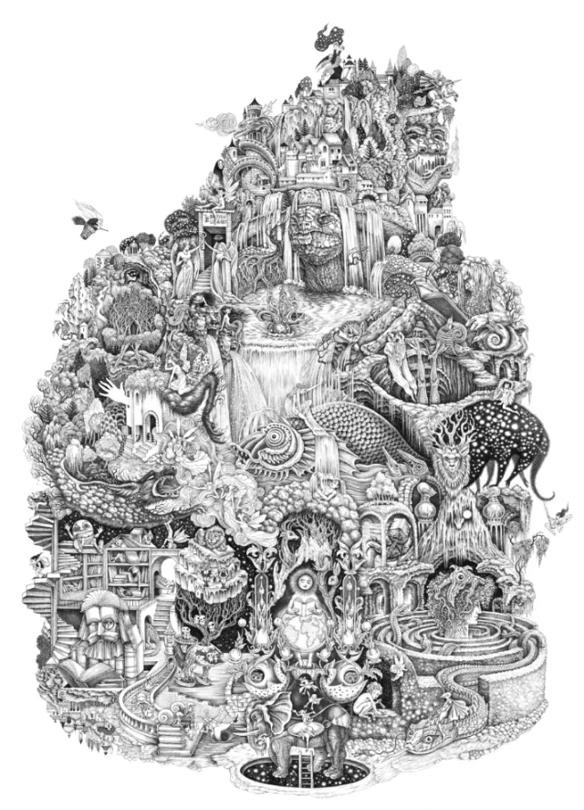 Detailed fantasy drawing with animals, mythical beings, waterfalls, and elaborate structures in blac