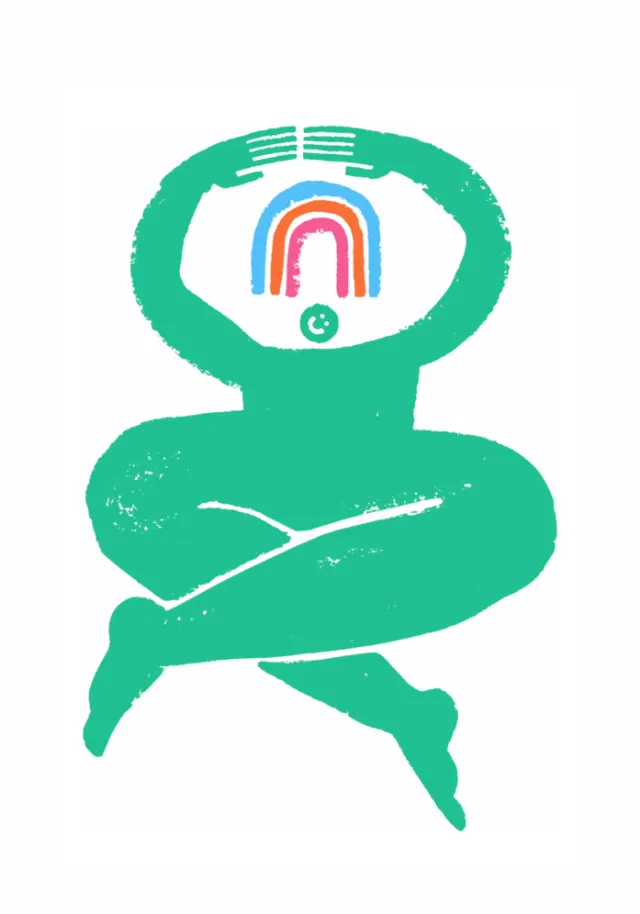 Green abstract figure sitting cross-legged with colorful rainbow inside head